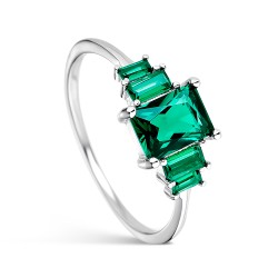 Rhodium silver and emerald cut green zirconia ring with...