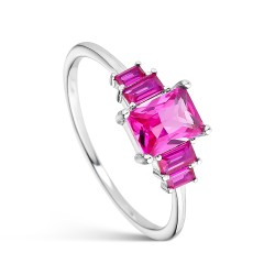 Rhodium-plated silver and emerald-cut pink zirconia ring...