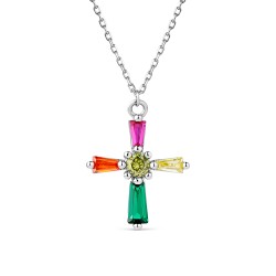 Pendentif en argent rhodié avec chaîne croix multicolore...