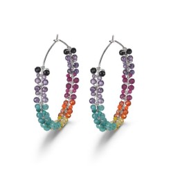 Earrings with rhodium-plated multicolor stones, 35 mm hoop
