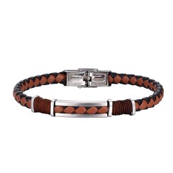 Two-tone braided leather men's steel bracelet with brown...