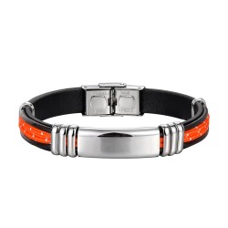 Men's black leather steel bracelet with plate and double...