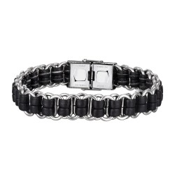 Men's steel rings bracelet with black leather