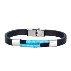 Flat blue leather men's steel bracelet with blue threads