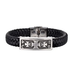 Men's black braided leather steel bracelet with central...