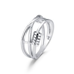 Rhodium-plated silver ring with crossed threads with spiral