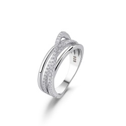 Rhodium-plated silver ring with crossed threads and zirconia