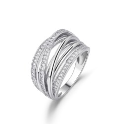 Wide rhodium-plated silver and zirconia ring with crossed...