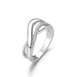Rhodium-plated silver and zirconia wave ring