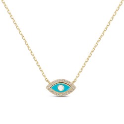 Plated silver necklace with 14 mm enameled turquoise eye...