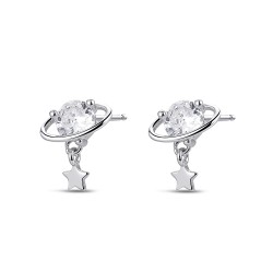 Rhodium-plated silver planet earring with zircon and star...