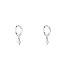 Rhodium-plated silver 12 mm hoop earring with hanging cross