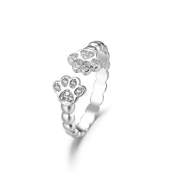 Open arm rhodium-plated silver ring with double ball...