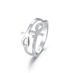 Double cross of life rhodium-plated silver ring with zircons