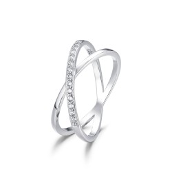 Rhodium-plated silver ring with crossed thread and zircons
