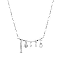 Rhodium-plated silver LOVE bar necklace with pearl and...