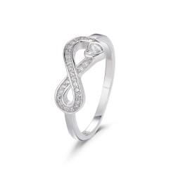 Infinity rhodium-plated silver ring with zirconia heart
