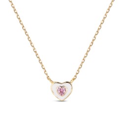 Silver plated enameled heart necklace with 10 mm pink...
