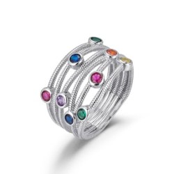 Rhodium-plated silver ring with threads and colored stones
