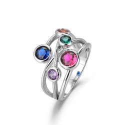 Rhodium-plated silver ring with threads and colored stones