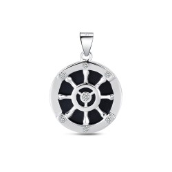 Rudder rhodium-plated silver pendant with black stone and...