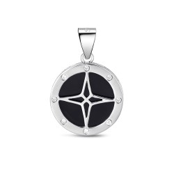Compass rose rhodium-plated silver pendant with black...