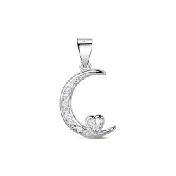 Rhodium-plated silver moon pendant with 15 mm zircon heart