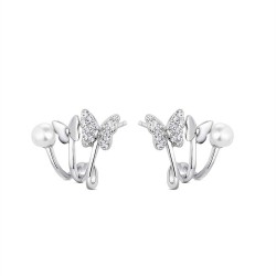 Triple rhodium-plated silver earring with pearl and...