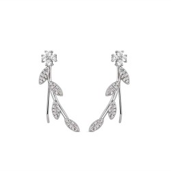 Rhodium-plated silver climbing earring leaves with zircons