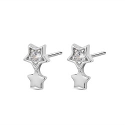 Rhodium-plated silver double star earring with 10 mm...