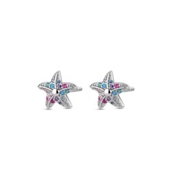 Multicolored 9 mm starfish rhodium-plated silver earring...