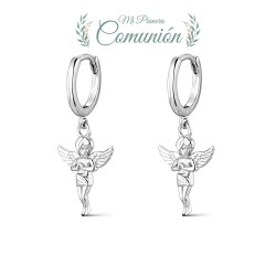 Rhodium-plated silver hoop earring with hanging angel