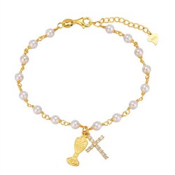 Plated silver bracelet with pearls, cross and chalice...