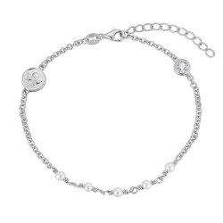 Rhodium-plated silver bracelet with 3 mm pearls and disc...