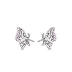 Rhodium-plated silver butterfly earring with 11 mm pink...