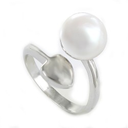 Crossed rhodium-plated silver ring with 10 mm pearl and...