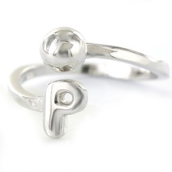 8mm Initial P Cross Rhodium Plated Silver Ring with 6mm Ball