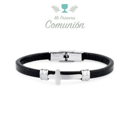 5 Mm Black Leather Steel Communion Bracelet With Tinted...