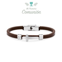 5 Mm Brown Leather Steel Communion Bracelet With Tinted...