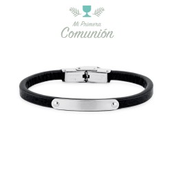 5 Mm Flat Black Leather Steel Communion Bracelet With...