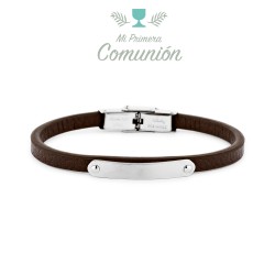 5 Mm Flat Brown Leather Steel Communion Bracelet With...