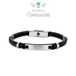 Communion Bracelet In Steel Black Leather Knots Of 5 Mm...