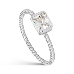 Solitaire rhodium plated silver ring with emerald cut...