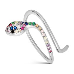 Silver rhodium-plated snake ring with colored zircons