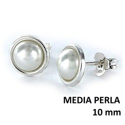 Silver Earring Half Pearl 10 Mm With Bevel And Pressure...