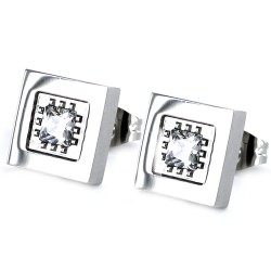 Square Steel Earring With Bezel And White Zirconia In The...