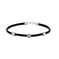 3 mm black leather men's bracelet with three silver beads