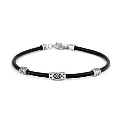 3 mm black leather men's bracelet with three silver beads