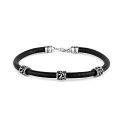 4 mm black leather men's bracelet with three silver beads