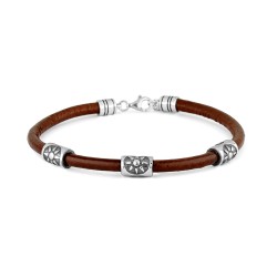 4 mm brown leather men's bracelet with three silver beads